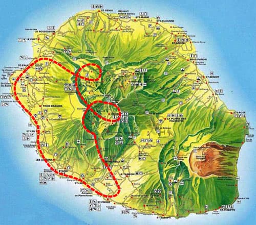 Carte indicative du trajet Cilaos, Mafate & Lagons au départ de Pierrefonds