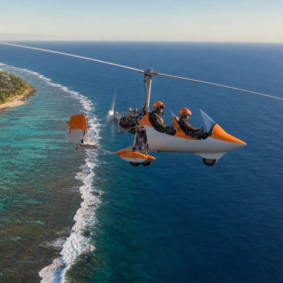 Gyrocoptère Zen Altitude en vol au-dessus du récif réunionnais